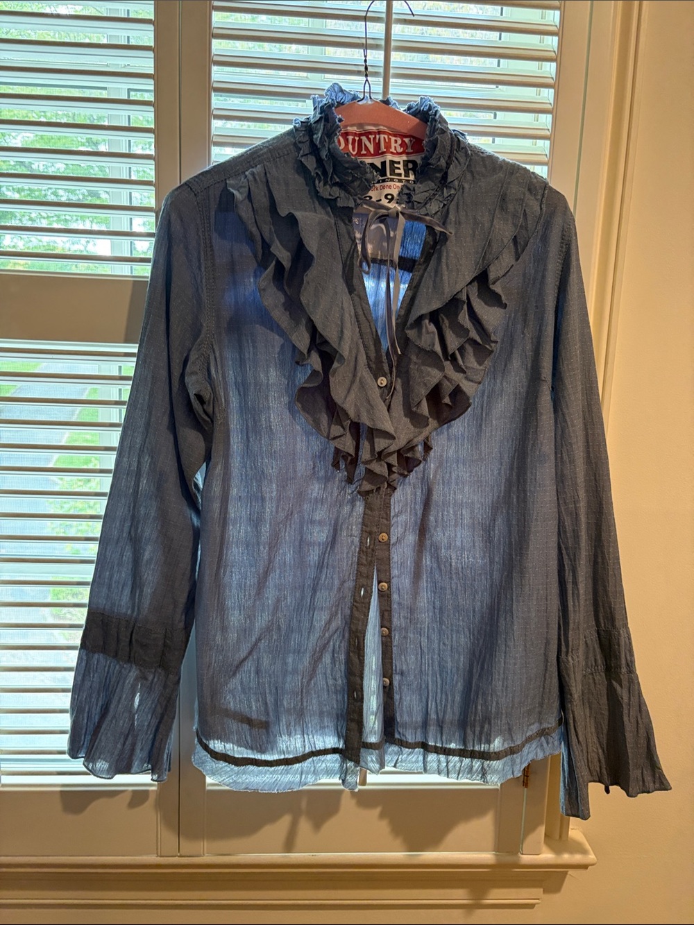 Ruffled Tie-Neck Sheer Blouse - Blue